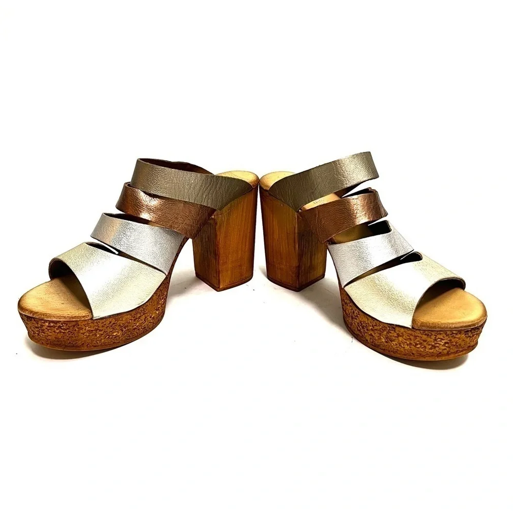 Vintage Y2K multicolor metallic leather strappy platform heels